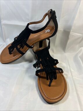 Born Black Fringe T-Strap Leather Sandals with Back Zipper